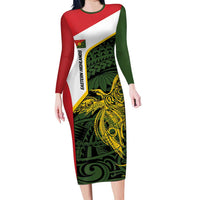 Personalised PNG Eastern Highlands Long Sleeve Bodycon Dress Bird of Paradise Tattoo Flag Motif - Polynesian Pride