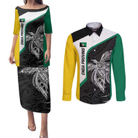 Personalised PNG Enga Province Couples Matching Puletasi and Long Sleeve Button Shirt Bird of Paradise Tattoo Flag Motif - Polynesian Pride