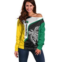 Personalised PNG Enga Province Off Shoulder Sweater Bird of Paradise Tattoo Flag Motif - Polynesian Pride