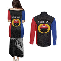 Personalised PNG Gulf Province Couples Matching Puletasi and Long Sleeve Button Shirt Bird of Paradise Tattoo Flag Motif - Polynesian Pride