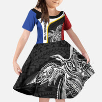 Personalised PNG Gulf Province Family Matching Short Sleeve Bodycon Dress and Hawaiian Shirt Bird of Paradise Tattoo Flag Motif - Polynesian Pride