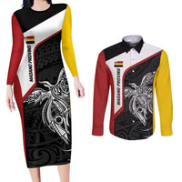 Personalised PNG Madang Province Couples Matching Long Sleeve Bodycon Dress and Long Sleeve Button Shirt Bird of Paradise Tattoo Flag Motif - Polynesian Pride