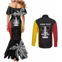 Personalised PNG Madang Province Couples Matching Mermaid Dress and Long Sleeve Button Shirt Bird of Paradise Tattoo Flag Motif - Polynesian Pride