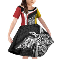 Personalised PNG Madang Province Family Matching Off Shoulder Short Dress and Hawaiian Shirt Bird of Paradise Tattoo Flag Motif - Polynesian Pride