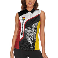 Personalised PNG Madang Province Women Sleeveless Polo Shirt Bird of Paradise Tattoo Flag Motif - Polynesian Pride