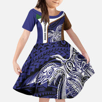 Personalised PNG Manus Province Kid Short Sleeve Dress Bird of Paradise Tattoo Flag Motif - Polynesian Pride