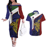 Personalised PNG Milne Bay Province Couples Matching Off The Shoulder Long Sleeve Dress and Hawaiian Shirt Bird of Paradise Tattoo Flag Motif - Polynesian Pride