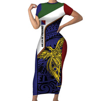Personalised PNG Milne Bay Province Short Sleeve Bodycon Dress Bird of Paradise Tattoo Flag Motif LT9 Long Dress Blue - Polynesian Pride