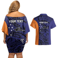 Personalised PNG New Ireland Couples Matching Off Shoulder Short Dress and Hawaiian Shirt Bird of Paradise Tattoo Flag Motif LT9 - Polynesian Pride