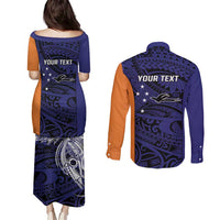 Personalised PNG New Ireland Couples Matching Puletasi and Long Sleeve Button Shirt Bird of Paradise Tattoo Flag Motif - Polynesian Pride