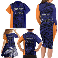 Personalised PNG New Ireland Family Matching Long Sleeve Bodycon Dress and Hawaiian Shirt Bird of Paradise Tattoo Flag Motif - Polynesian Pride