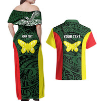 Personalised PNG Oro Province Couples Matching Off Shoulder Maxi Dress and Hawaiian Shirt Bird of Paradise Tattoo Flag Motif - Polynesian Pride