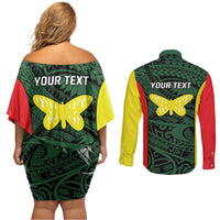 Personalised PNG Oro Province Couples Matching Off Shoulder Short Dress and Long Sleeve Button Shirt Bird of Paradise Tattoo Flag Motif - Polynesian Pride
