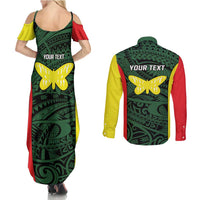 Personalised PNG Oro Province Couples Matching Summer Maxi Dress and Long Sleeve Button Shirt Bird of Paradise Tattoo Flag Motif - Polynesian Pride