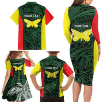 Personalised PNG Oro Province Family Matching Long Sleeve Bodycon Dress and Hawaiian Shirt Bird of Paradise Tattoo Flag Motif LT9 - Polynesian Pride