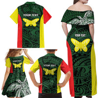Personalised PNG Oro Province Family Matching Off Shoulder Maxi Dress and Hawaiian Shirt Bird of Paradise Tattoo Flag Motif - Polynesian Pride