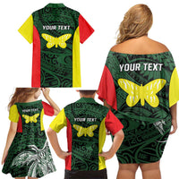 Personalised PNG Oro Province Family Matching Off Shoulder Short Dress and Hawaiian Shirt Bird of Paradise Tattoo Flag Motif - Polynesian Pride