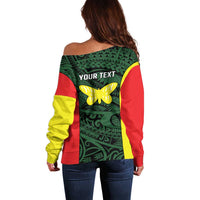 Personalised PNG Oro Province Off Shoulder Sweater Bird of Paradise Tattoo Flag Motif - Polynesian Pride