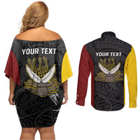 Personalised PNG Western Province Couples Matching Off Shoulder Short Dress and Long Sleeve Button Shirt Bird of Paradise Tattoo Flag Motif - Polynesian Pride