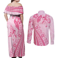 Pacific Girl and Butterfly Cancer Ribbon Personalised Couples Matching Off Shoulder Maxi Dress and Long Sleeve Button Shirt