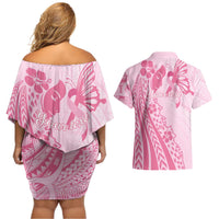 Pacific Girl and Butterfly Cancer Ribbon Personalised Couples Matching Off Shoulder Short Dress and Hawaiian Shirt