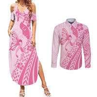 Pacific Girl and Butterfly Cancer Ribbon Personalised Couples Matching Summer Maxi Dress and Long Sleeve Button Shirt