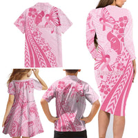 Pacific Girl and Butterfly Cancer Ribbon Personalised Family Matching Long Sleeve Bodycon Dress and Hawaiian Shirt LT9 - Polynesian Pride