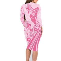 Pacific Girl and Butterfly Cancer Ribbon Personalised Family Matching Long Sleeve Bodycon Dress and Hawaiian Shirt LT9 - Polynesian Pride