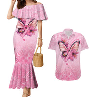 Faith Hope Love Butterfly Ribbon Personalised Couples Matching Mermaid Dress and Hawaiian Shirt LT9 Pink - Polynesian Pride