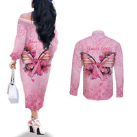 Faith Hope Love Butterfly Ribbon Personalised Couples Matching Off The Shoulder Long Sleeve Dress and Long Sleeve Button Shirt