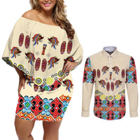Papua Batik Motif Bird Of Paradise and Native Papuan Shield Couples Matching Off Shoulder Short Dress and Long Sleeve Button Shirt LT9 Beige - Polynesian Pride