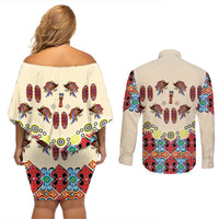 Papua Batik Motif Bird Of Paradise and Native Papuan Shield Couples Matching Off Shoulder Short Dress and Long Sleeve Button Shirt LT9 - Polynesian Pride