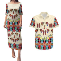 Papua Batik Motif Bird Of Paradise and Native Papuan Shield Couples Matching Puletasi Dress and Hawaiian Shirt LT9 Beige - Polynesian Pride