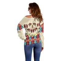 Papua Batik Motif Bird Of Paradise and Native Papuan Shield Off Shoulder Sweater LT9 - Polynesian Pride