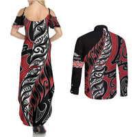 Koru Fern New Zealand Couples Matching Summer Maxi Dress and Long Sleeve Button Shirt Maori Tribal Pattern