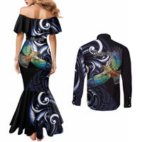 New Zealand Kea Bird Personalised Couples Matching Mermaid Dress and Long Sleeve Button Shirt Maori Tribal Koru Art