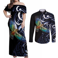 New Zealand Kea Bird Personalised Couples Matching Off Shoulder Maxi Dress and Long Sleeve Button Shirt Maori Tribal Koru Art