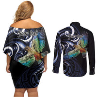 New Zealand Kea Bird Personalised Couples Matching Off Shoulder Short Dress and Long Sleeve Button Shirt Maori Tribal Koru Art