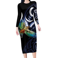 New Zealand Kea Bird Personalised Long Sleeve Bodycon Dress Maori Tribal Koru Art LT9 Long Dress Blue - Polynesian Pride