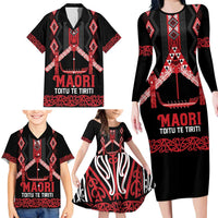 Toitu Te Tiriti Waitangi Family Matching Long Sleeve Bodycon Dress and Hawaiian Shirt Black Wharenui House LT9 - Polynesian Pride