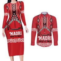 Toitu Te Tiriti Waitangi Couples Matching Long Sleeve Bodycon Dress and Long Sleeve Button Shirt Red Wharenui House LT9 Red - Polynesian Pride