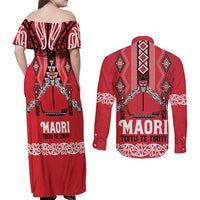 Toitu Te Tiriti Waitangi Couples Matching Off Shoulder Maxi Dress and Long Sleeve Button Shirt Red Wharenui House - Polynesian Pride