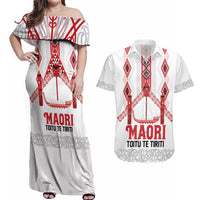 Toitu Te Tiriti Waitangi Couples Matching Off Shoulder Maxi Dress and Hawaiian Shirt White Wharenui House LT9 white - Polynesian Pride