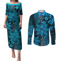 Vintage Tonga Tribal Ngatu Pattern Couples Matching Puletasi and Long Sleeve Button Shirt With Pacific Floral Aqua Art LT9 Aqua - Polynesian Pride