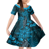 Vintage Tonga Tribal Ngatu Pattern Family Matching Long Sleeve Bodycon Dress and Hawaiian Shirt With Pacific Floral Aqua Art LT9 Daughter's Dress Aqua - Polynesian Pride