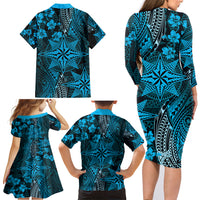 Vintage Tonga Tribal Ngatu Pattern Family Matching Long Sleeve Bodycon Dress and Hawaiian Shirt With Pacific Floral Aqua Art LT9 - Polynesian Pride