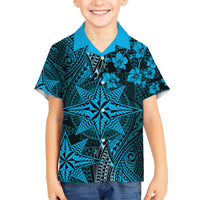 Vintage Tonga Tribal Ngatu Pattern Family Matching Long Sleeve Bodycon Dress and Hawaiian Shirt With Pacific Floral Aqua Art LT9 Son's Shirt Aqua - Polynesian Pride
