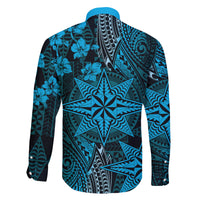 Vintage Tonga Tribal Ngatu Pattern Family Matching Off The Shoulder Long Sleeve Dress and Hawaiian Shirt With Pacific Floral Aqua Art