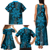 Vintage Tonga Tribal Ngatu Pattern Family Matching Tank Maxi Dress and Hawaiian Shirt With Pacific Floral Aqua Art