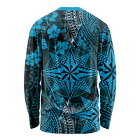 Vintage Tonga Tribal Ngatu Pattern Long Sleeve Shirt With Pacific Floral Aqua Art